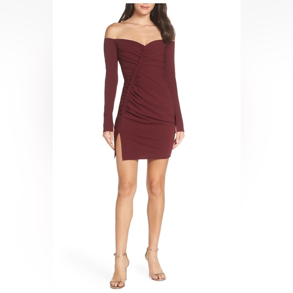 Katie May Off The Shoulder Ruched Cocktail dress In Bordeaux Sz S $215USD